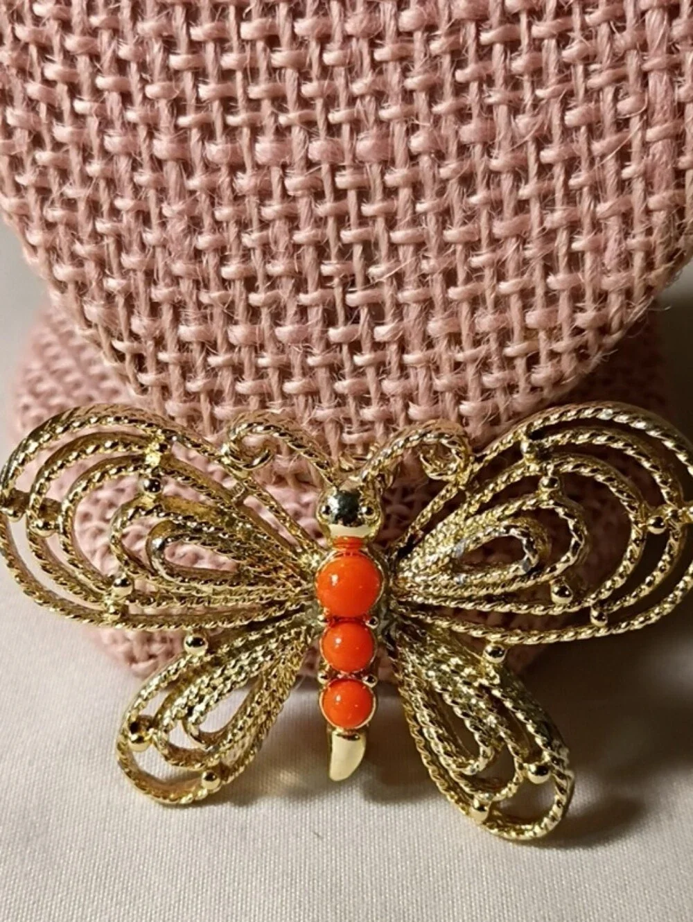 Gold-Tone Butterfly Brooch with Bright Orange Cabochons